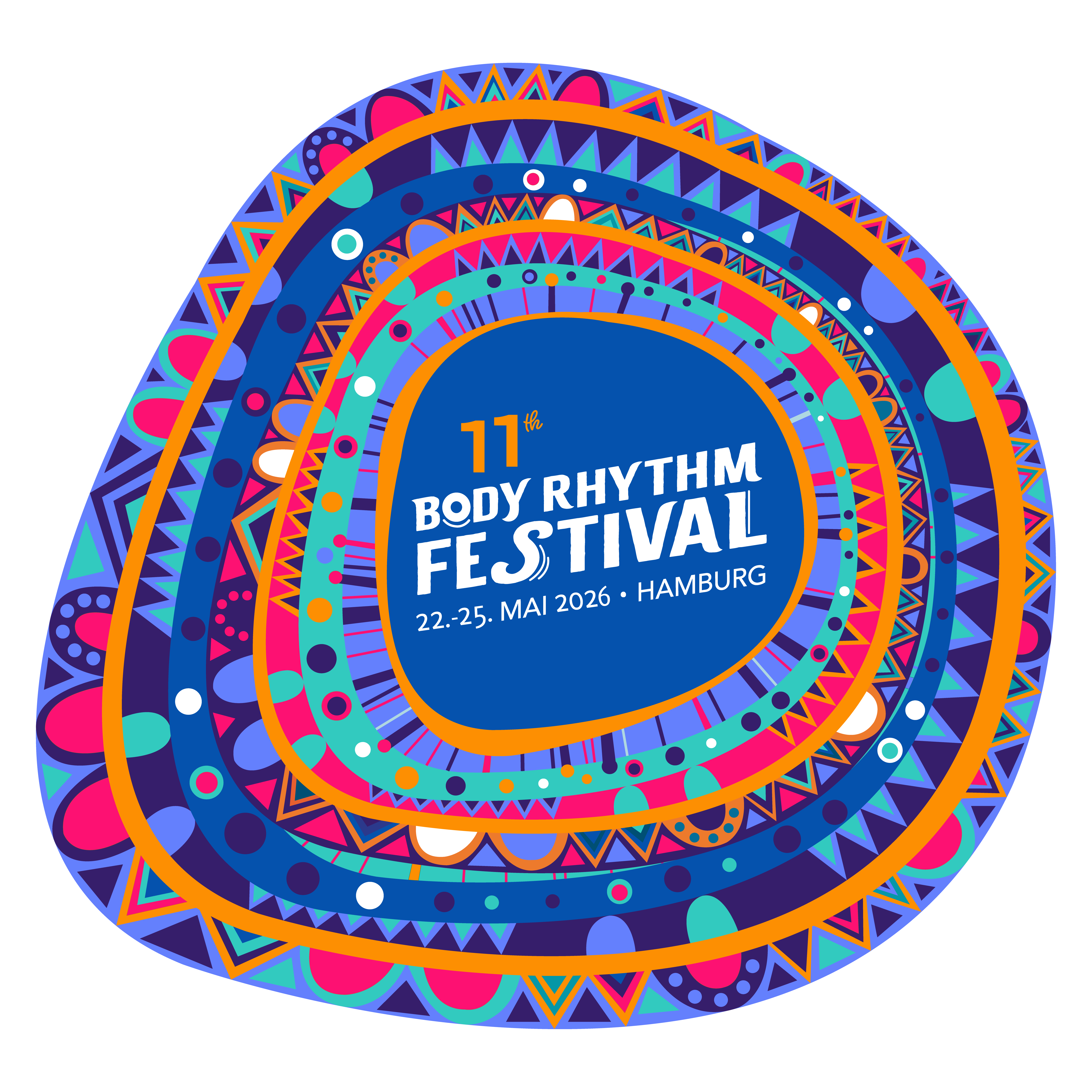 Zu sehen ist eine bunte Grafik: ein Mandala. In der Mitte steht das Logo des 11. Body Rhythm Festivals und der Termin 22.-25.05.2026, Hamburg.