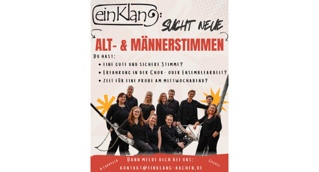 Aachener A cappella- und Gospel-Ensemble sucht Alt- und Männerstimmen