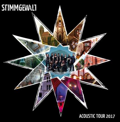 Der 12-zackige Stimmgewalt-Stern mit Bildern aus den Konzertorten. In der Mitte ein Gruppenbild.