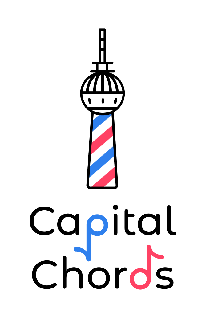 Logo von Capital Chords, der Berliner Fernsehturm in den gestreiften Barbershop-Farben rot, weiß und blau.